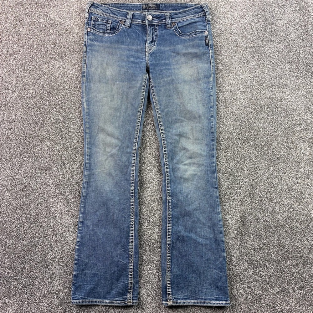 Silver Jeans Women's 31x33 Aiko Bootcut Whiskered Dark Wash Denim White Stitch